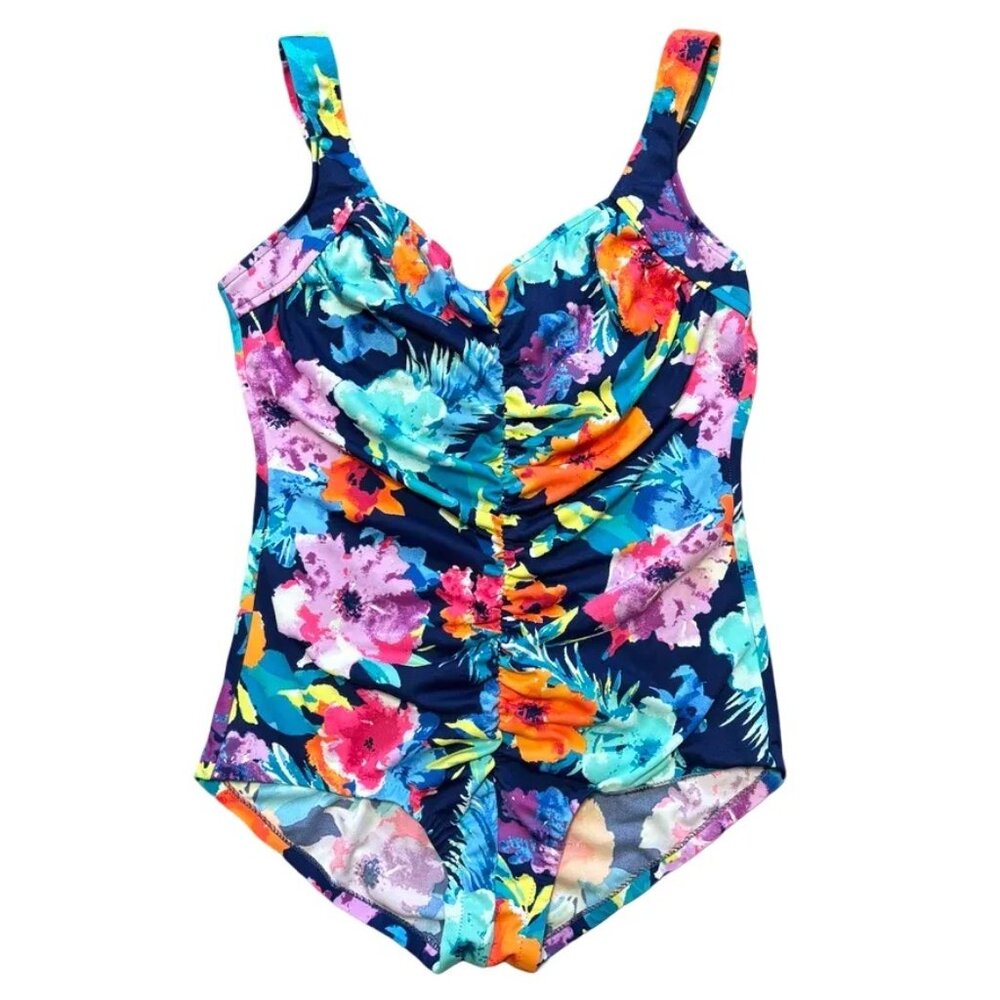 MAXINE OF HOLLYWOOD Shirred Front Girl Leg One Piece Floral Swimsuit SZ 18